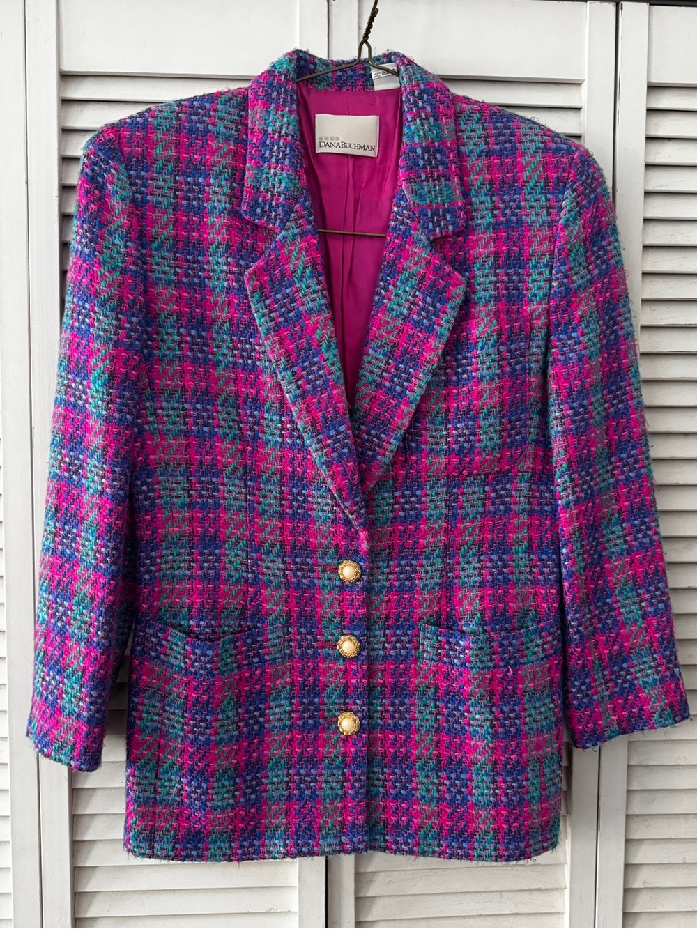 Dana Buchman Fuchsia and Teal Tweed Blazer with Gold Buttons